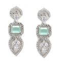 Rhodium Plated Silver Toned Teardrop Floral Design White  & Sea Green Square AD Studded Necklace Set & Matching Earrings