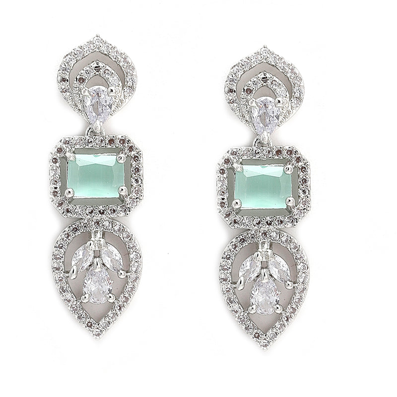 Rhodium Plated Silver Toned Teardrop Floral Design White  & Sea Green Square AD Studded Necklace Set & Matching Earrings