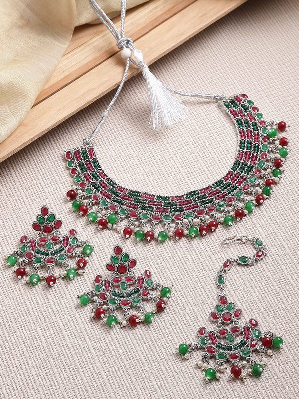 Rhodium-Plated with Silver-Tone Silver-Plated Red & Green Stones Studded Jewellery Set