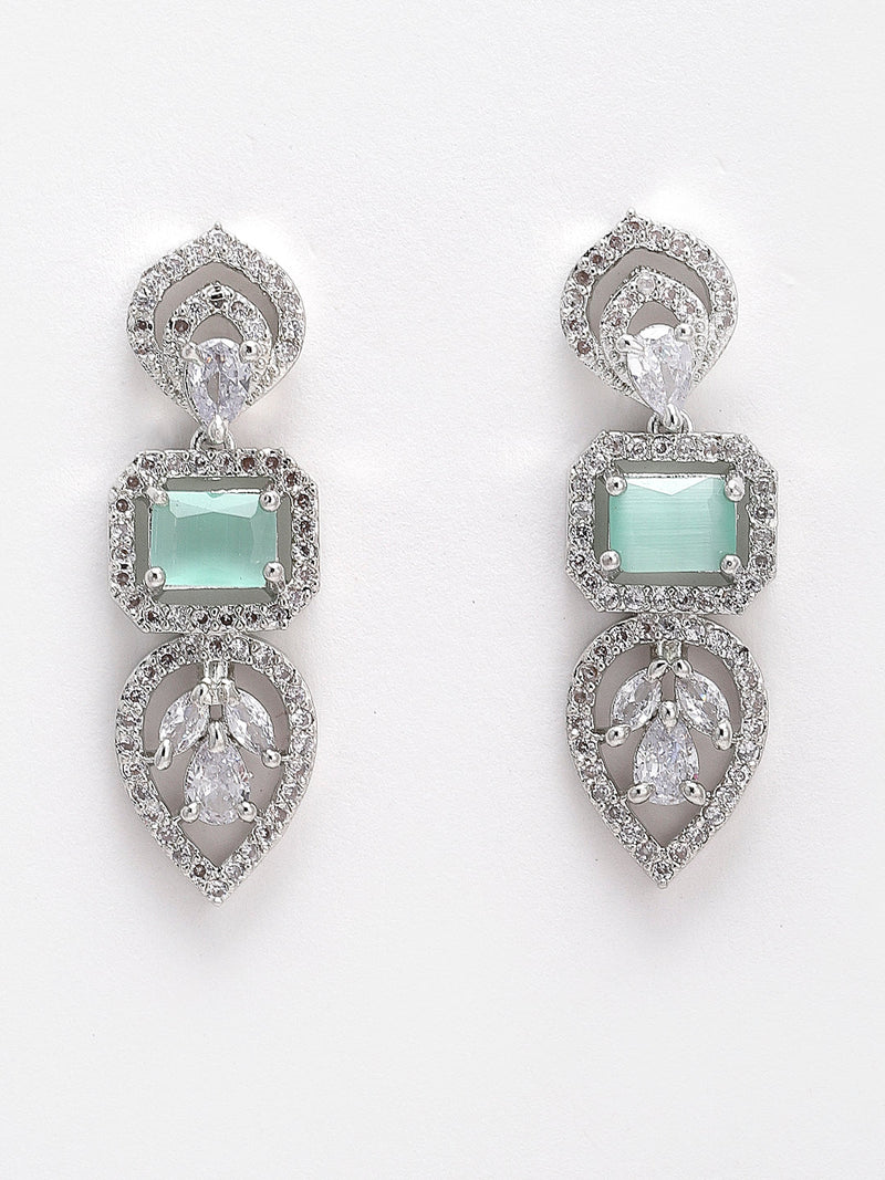 Rhodium Plated Silver Toned Teardrop Floral Design White  & Sea Green Square AD Studded Necklace Set & Matching Earrings