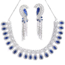 Rhodium-Plated with Silver-Tone Navy Blue American Diamond Studded Crescent Design Jewellery Set
