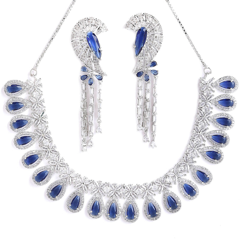Rhodium-Plated with Silver-Tone Navy Blue American Diamond Studded Crescent Design Jewellery Set