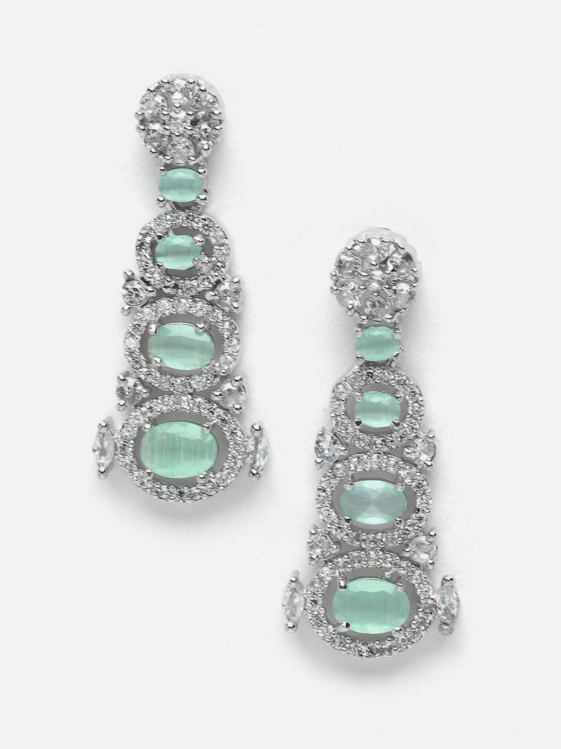 Rhodium-Plated Sea Green American Diamond studded Quirky Shaped Drop Earrings