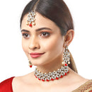 Gold Plated Royal Crafted Stones Studded And Red And Pearl Beads Flower Shaped Necklace Set With  Maang Tikka And Earrings