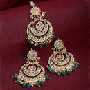 Gold-Plated Pearl Drops Green Kundan Chandbali Maang Tikka & Earrings Set