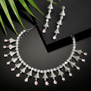 Rhodium-Plated with Silver-Tone Pink & White American Diamond Stone Studded & Beaded Jewellery Set