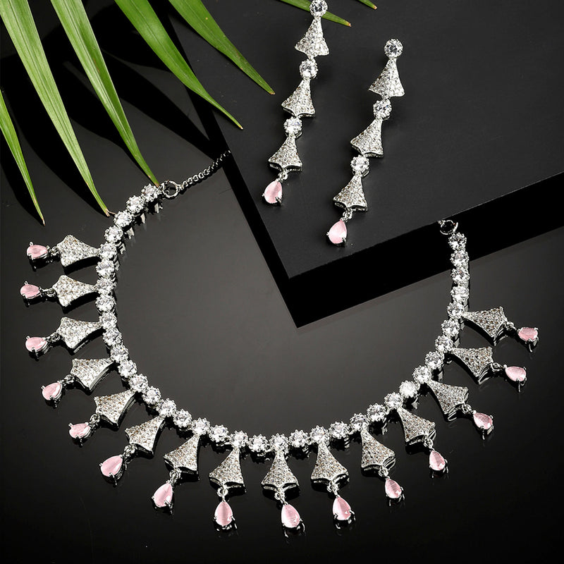 Rhodium-Plated with Silver-Tone Pink & White American Diamond Stone Studded & Beaded Jewellery Set
