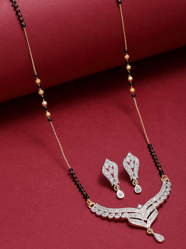 Gold-Plated Black & White American Diamond Studded & Beaded Mangalsutra With Earrings For Women