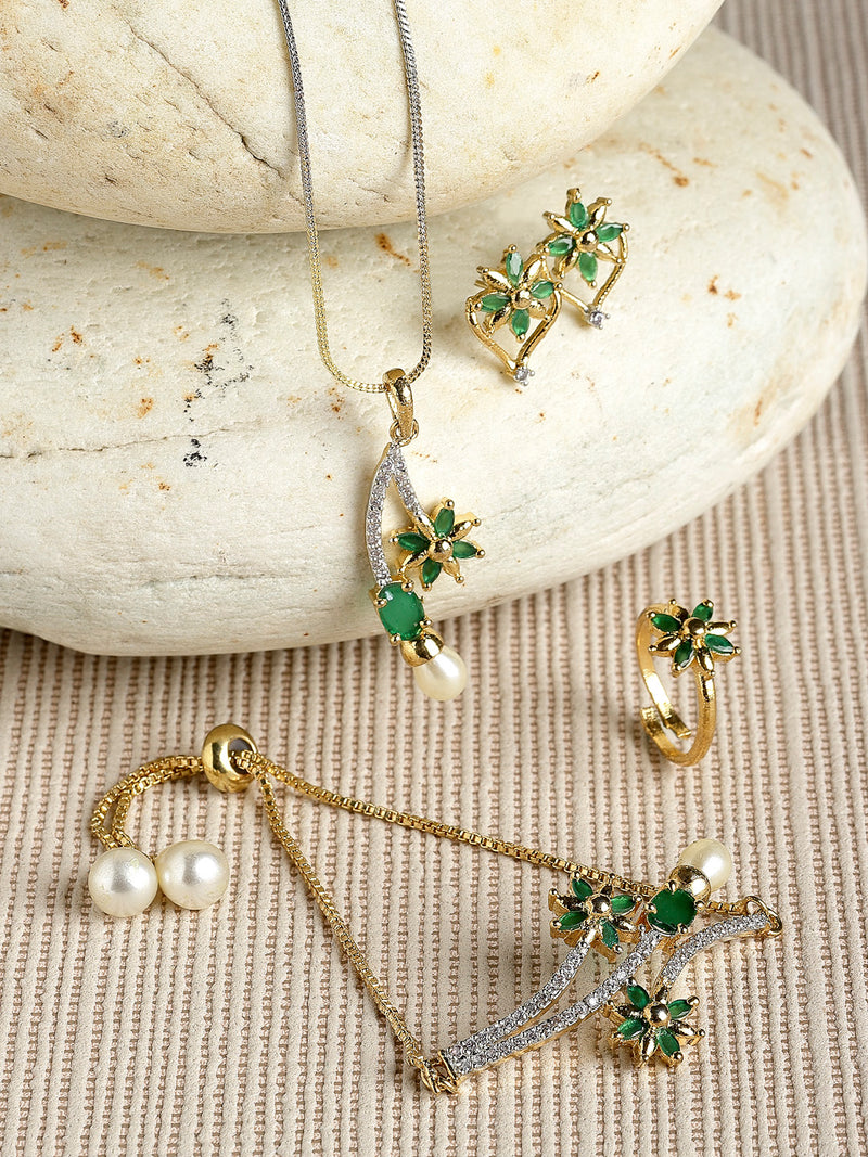 Gold Plated American Diamond And Emerald Green Crystal Necklace Set With Pendant, Earring And Ring