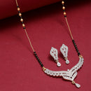 Gold-Plated Black & White American Diamond Studded & Beaded Mangalsutra With Earrings For Women