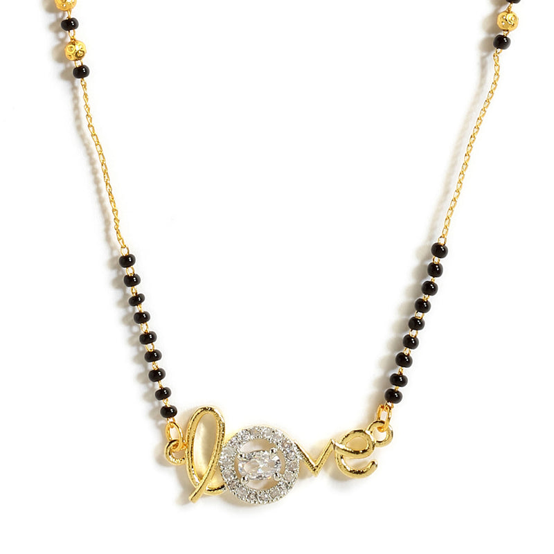 Set of 3 Gold-Plated Black & White American Diamond-Studded & Beaded Heart Shaped Mangalsutra