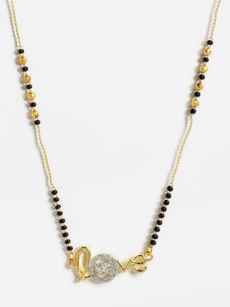 Set of 3 Gold-Plated Black & White American Diamond-Studded & Beaded Heart Shaped Mangalsutra