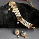Gold Plated Designer Meena Work Leaf Shaped Necklace Set With Earrings