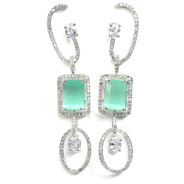 Sea Green Geometric Shaped Rhodium-Plated with Silver-Tone Drop Earrings
