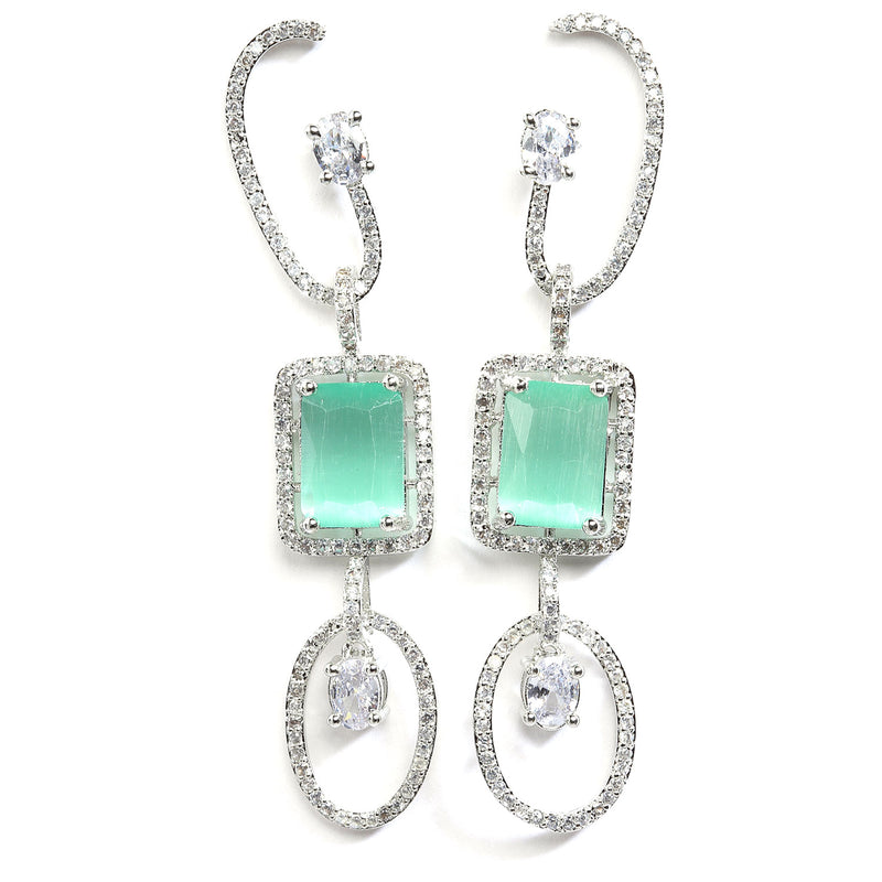 Sea Green Geometric Shaped Rhodium-Plated with Silver-Tone Drop Earrings