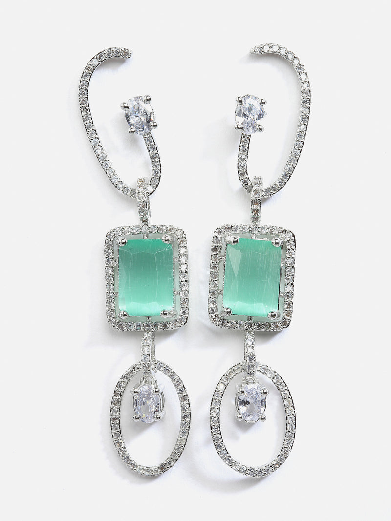 Sea Green Geometric Shaped Rhodium-Plated with Silver-Tone Drop Earrings