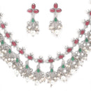 Rhodium-Plated with Oxidised Silver-Tone Red Green and White Kundan Studded Jewellery Set