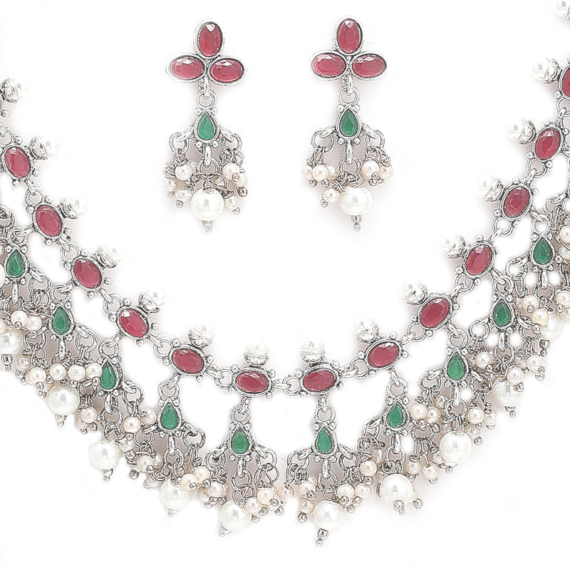 Rhodium-Plated with Oxidised Silver-Tone Red Green and White Kundan Studded Jewellery Set