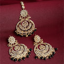 Gold-Plated Pearl Drops Black Kundan Chandbali Maang Tikka & Earrings Set