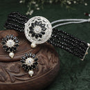 Rhodium-Plated with Oxidized Silver-Tone Black & White Stones-Studded & Pearl-Beaded Jewellery Set