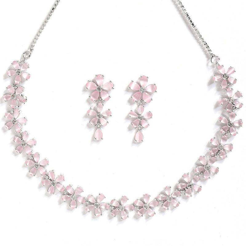 Rhodium-Plated with Silver-Tone Pink American Diamond-Studded Jewellery Set