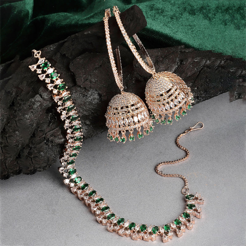 Rose Gold-Plated White & Green American Diamond Studded Jewellery Set