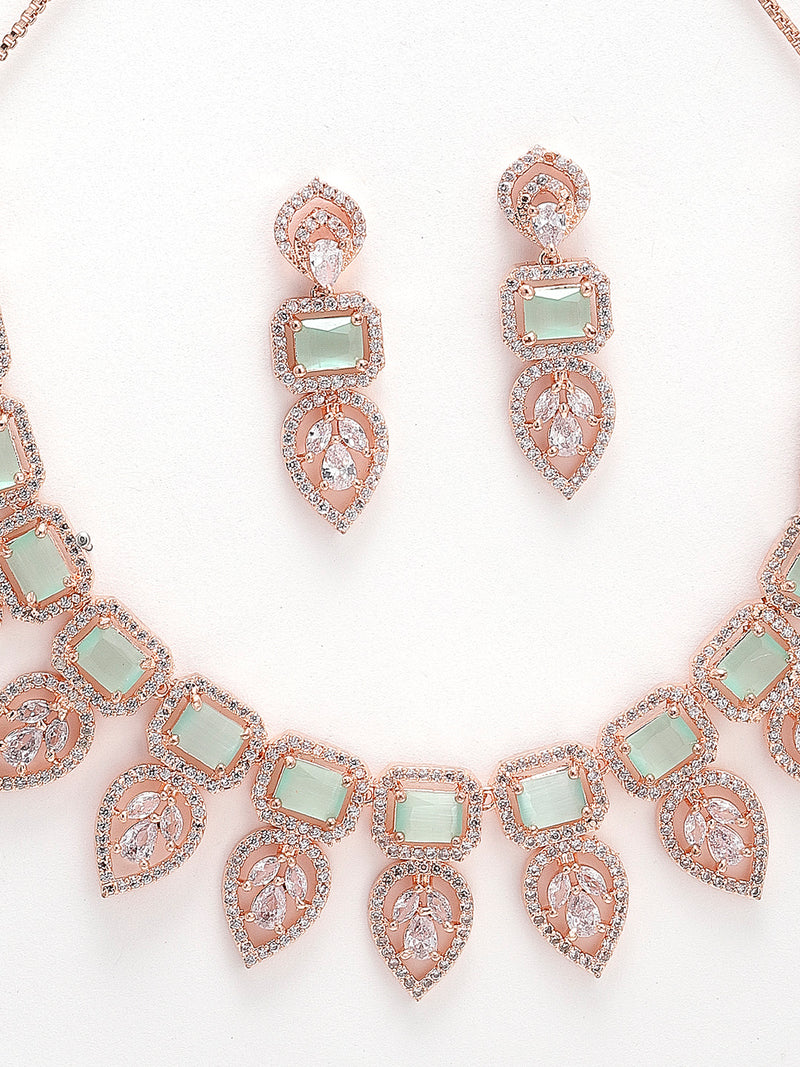 Rose Gold-Plated White & Green Crystal Studded Handcrafted Jewellery Set