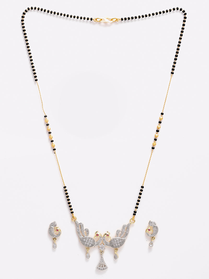 Set Of 3 Gold-Plated Black Beaded White AD Studded Mangalsutra with Earring Set