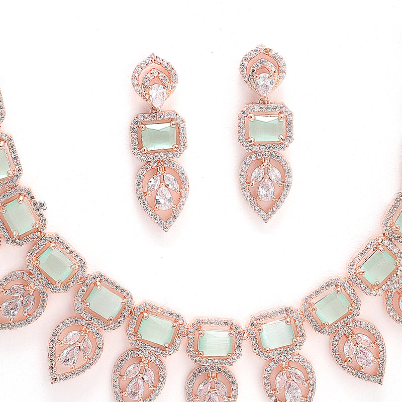 Rose Gold-Plated White & Green Crystal Studded Handcrafted Jewellery Set