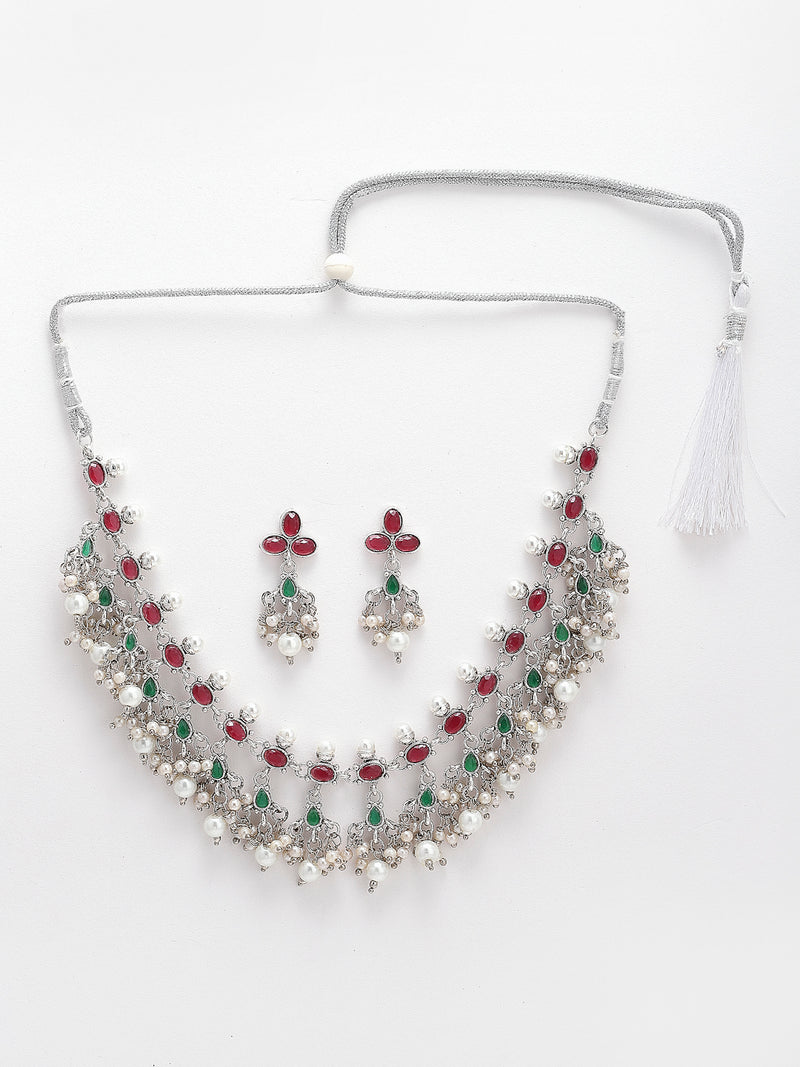 Rhodium-Plated with Oxidised Silver-Tone Red Green and White Kundan Studded Jewellery Set