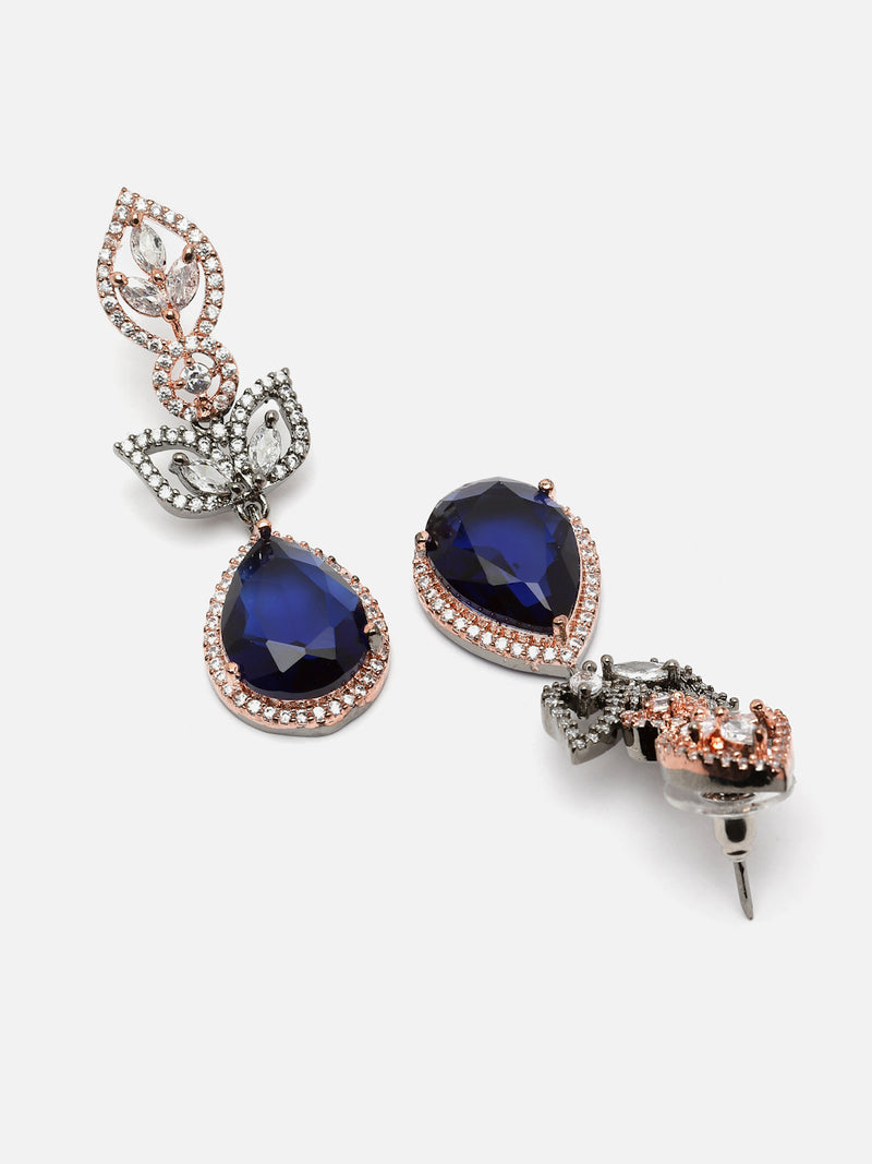 Rose Gold-Plated Gunmetal Toned Navy Blue American Diamond Teardrop & Leaf Shaped Drop Earrings