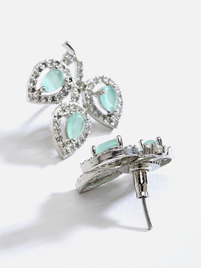 Rhodium-Plated with Silver-Toned Sea Green American Diamond Leaf Shaped Studs Earrings