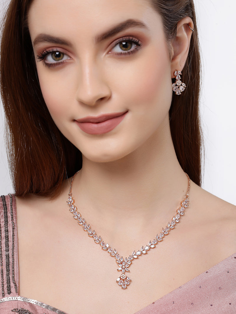 Rose Gold-Plated & White American Diamond Studded Floral Shaped Jewellery Set