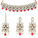 Gold Plated Royal Crafted Stones Studded And Red And Pearl Beads Flower Shaped Necklace Set With  Maang Tikka And Earrings