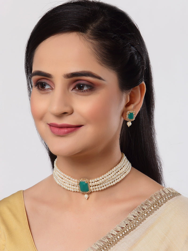 White & Green Gold-Plated American Diamond Studded Choker Jewellery Set