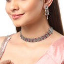 Rhodium-Plated with Oxidised Silver-Tone Red Kundan Studded Jewellery Set