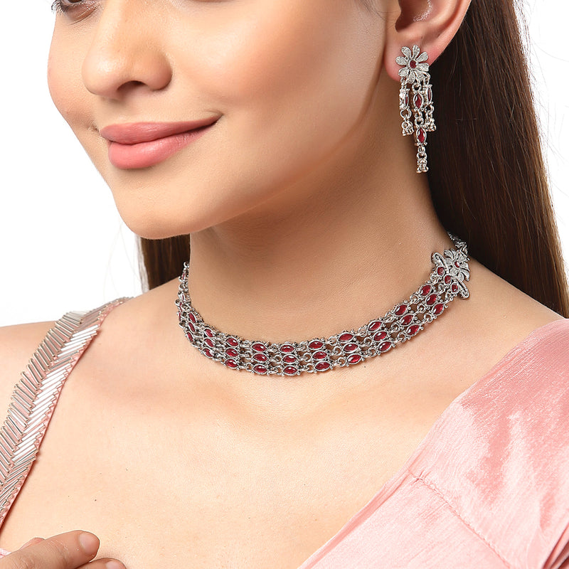 Rhodium-Plated with Oxidised Silver-Tone Red Kundan Studded Jewellery Set