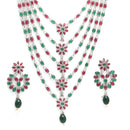 Rhodium-Plated with Silver-Tone Green & Red Kundan-Studded Layered Jewellery Set