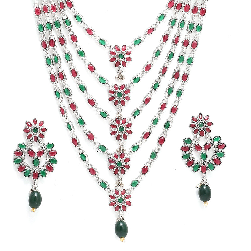 Rhodium-Plated with Silver-Tone Green & Red Kundan-Studded Layered Jewellery Set
