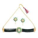 Antique Gold-Plated Green & White Beaded AD-Studded Jewellery Set