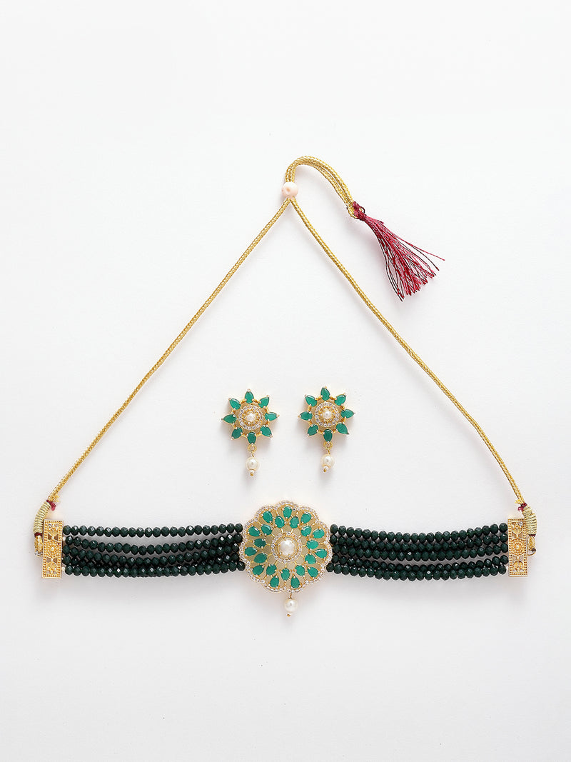 Antique Gold-Plated Green & White Beaded AD-Studded Jewellery Set
