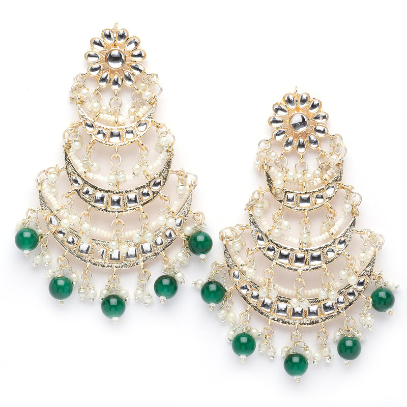 Gold-Plated Green Pearls & Kundan studded Crescent Shaped Vilandi Drop Earrings