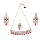 Gold Plated Royal Crafted Stones Studded And Red And Pearl Beads Flower Shaped Necklace Set With  Maang Tikka And Earrings