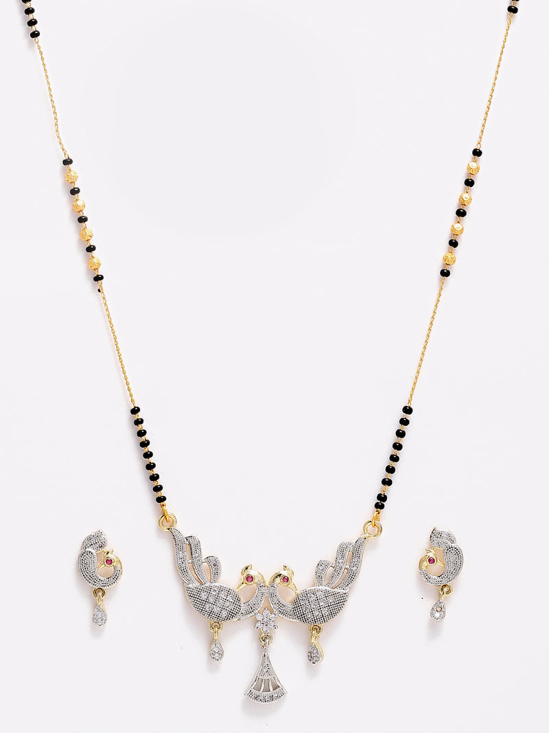 Set Of 3 Gold-Plated Black Beaded White AD Studded Mangalsutra with Earring Set