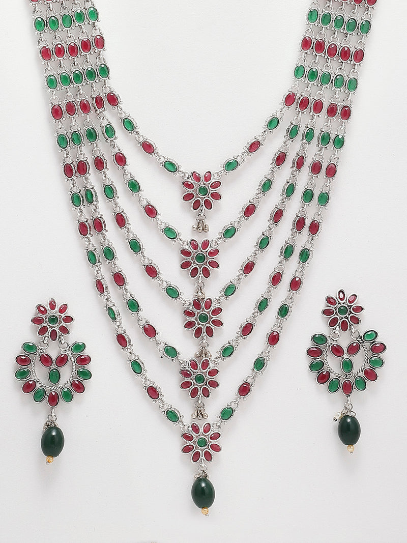 Rhodium-Plated with Silver-Tone Green & Red Kundan-Studded Layered Jewellery Set