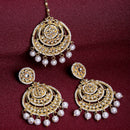 Gold-Plated Pearl Drops White Kundan Chandbali Maang Tikka & Earrings Set