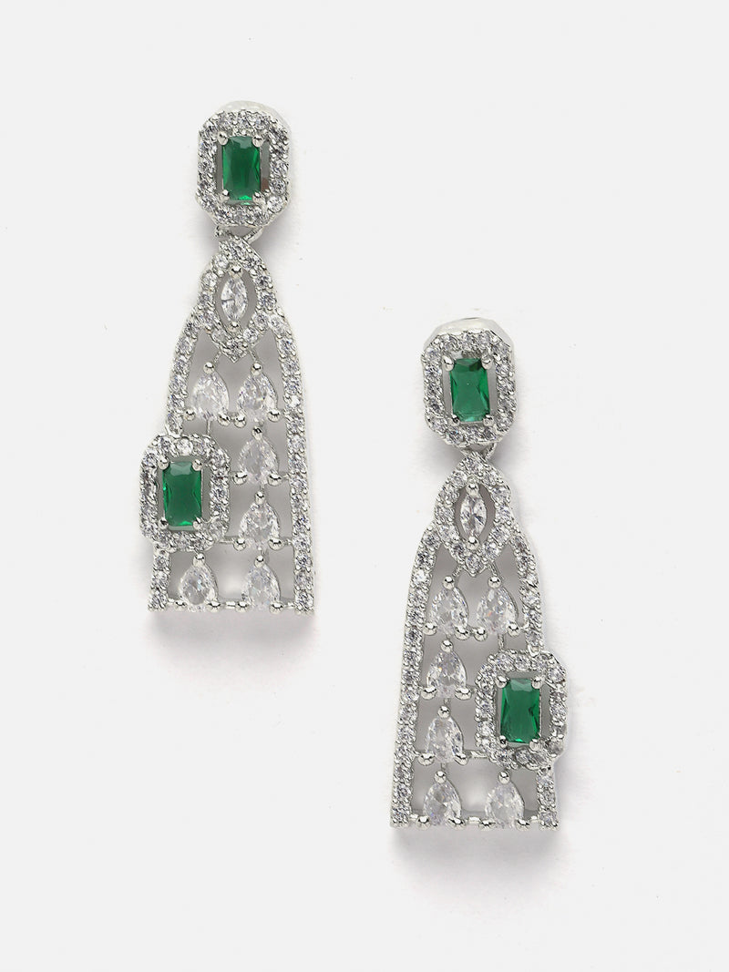 Rhodium-Plated Green American Diamond studded Classic Drop Earrings