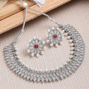 Rhodium-Plated with Silver-Tone Double Layered Kundan-Studded Leaf Shaped Jewellery Set