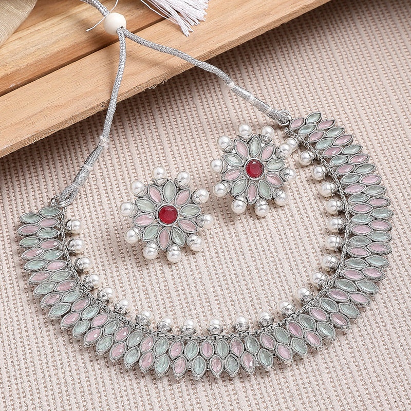 Rhodium-Plated with Silver-Tone Double Layered Kundan-Studded Leaf Shaped Jewellery Set