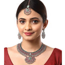 Rhodium-Plated with Silver-Tone Red and Green Kundan-Studded Meenakari Jewellery Set